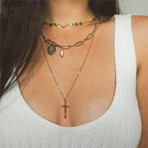 LIMARIO Fashion Multilayer Necklaces & Pendants Vintage Cross Choker Necklace for Women Gold Collier Sequins Party Jewelry