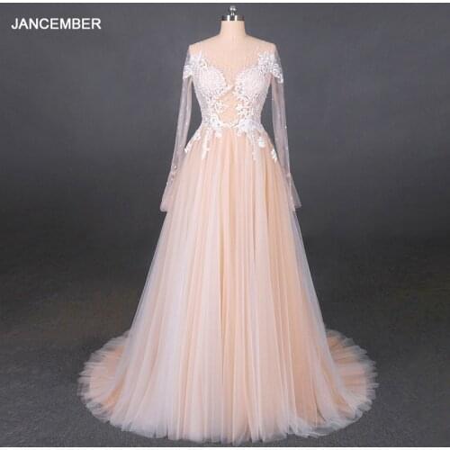 LSDZ27 JANCEMBER Nude Simple Attractive O-Neck Long Sleeve Button With Back Wedding Dress 2021 Sequined Beading A-Line Gown