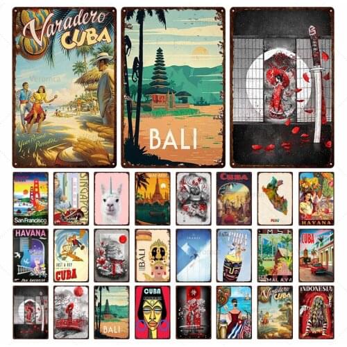 Metal Sign Plate Poster Famous Foreign City Vacation Landscape Cartoon Character Metal Wall Sign Tourist Agency Decor For Home