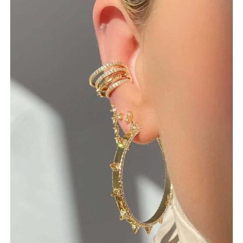 Multi Layer Circle Micro Pave CZ Spike Rivet Design Punk Rock Fashion Women No Piercing Ear Cuff Clip On Earring