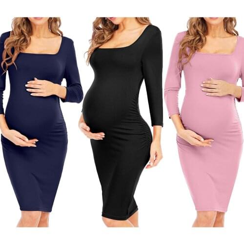 Fashion Women Dress Ladies Pregnant Square Collar Solid Dresses Long Sleeve Pregnancy Maternity Dress Vestidos Maternity Clothes