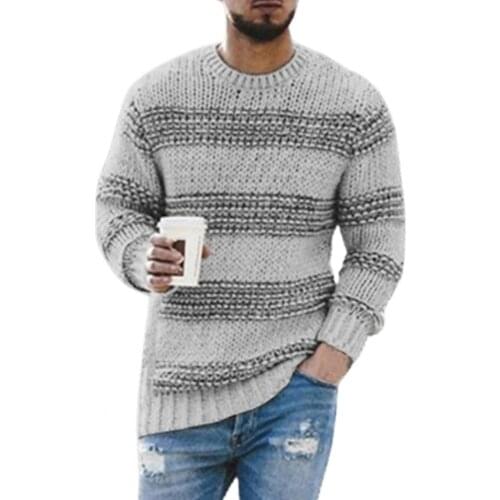 Men Sweater Long Sleeve Striped Print Casual Round Neck Stretchy Knitted Pullover Loose Sweater Stylish Streetwear Autumn Winter