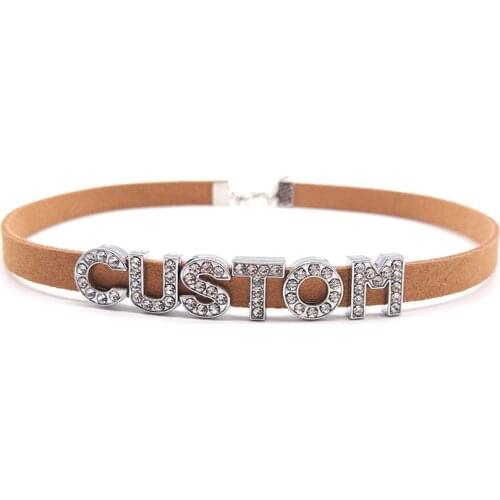 Brown Color Soft Leather Necklaces Choker Collar Personalized Custom Crystal English Letter Name Necklace DIY Kpop Jewelry Gifts