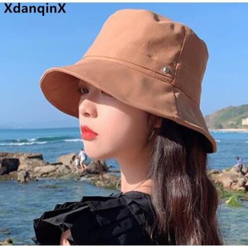 XdanqinX Foldable Summer Womens Panama Bucket Hat Korean Style Elegant Simple Casual Tourist Beach Hats Women Cotton Flat Cap