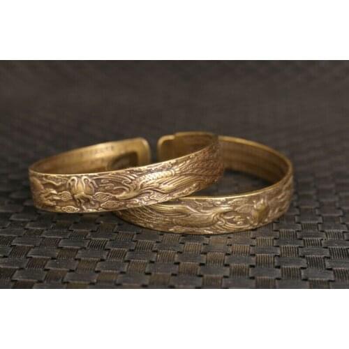 Pair chinese brass hand carving dragon phoenix statue collectable bracelet