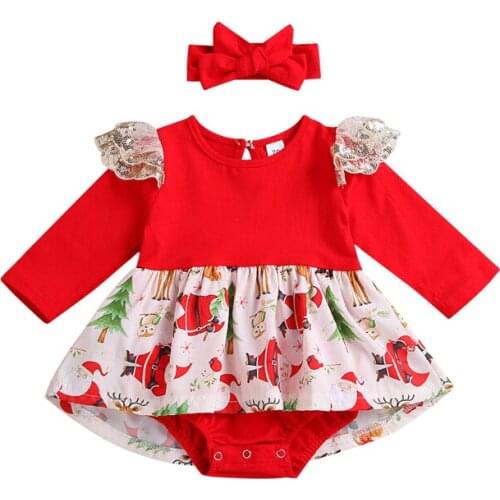 Christmas explosion baby girl round neck long-sleeved mesh shoulder print cartoon cute deer hafu + hair band suit 2pcs