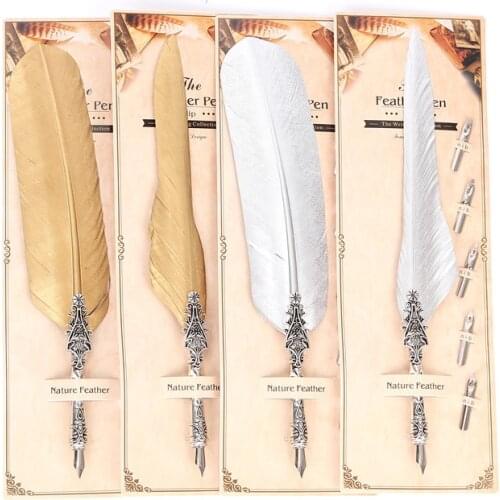New Creative Rtro Feather Pen Round Pen Body Set Teacher Gift Pen Metal Pen + Five Nibs Simple Office Stationery Holiday Gift