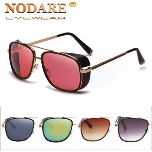 NODARE Steampunk Goggles Sunglasses Tony Stark Iron Man Sunglasses Retro Square Eyewear Red Lens Pilot Sun Glasses UV400