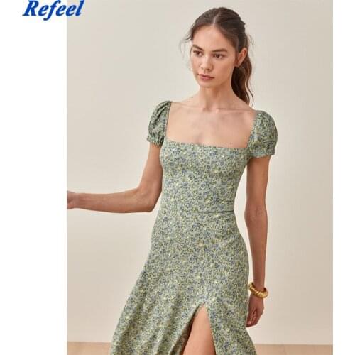 Green Floral Split Long Dress Women High Waist Slim Summer Dress Frecn Style Square Collar Chiffon Dresses Holiday