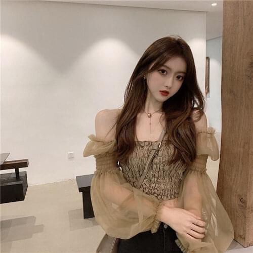 Blouse Women Shirt Chiffon 2021 Spring and Summer Mesh Stitching Shoulder Pleated Womens Cropped Top Blusas Mujer De Moda