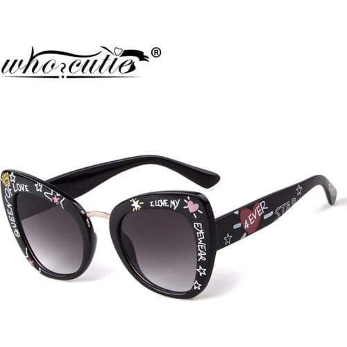 WHO CUTIE 2019 I LOVE MY Sunglasses Oversize Cat Eye Women Brand Designer Print Letter Frame Sun Glasses Gradient Shades OM867