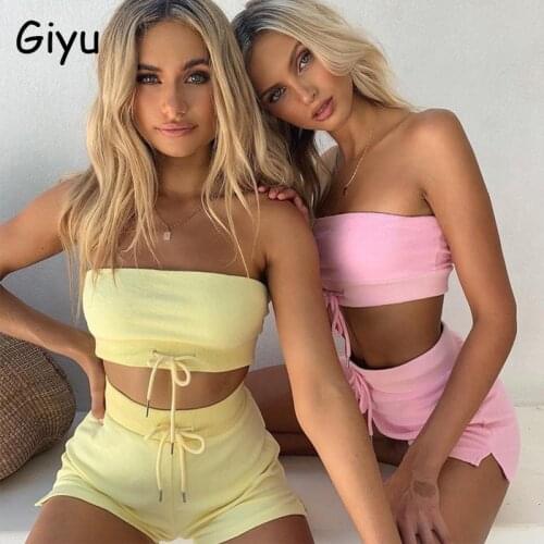 Giyu Sexy Tracksuit 2 Piece Set Women 2021 Summer Sport Gym Crop Tops Hot Pants Suit Set Off Shoulder Bodysuit Two Piece Sets