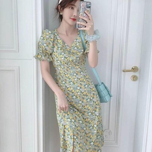 Women Dress Oversize 3XL Lovely Summer Ulzzang Floral Ladies Dresses Sweet Pleated Design Side-split Trendy Simple Girls Vestido