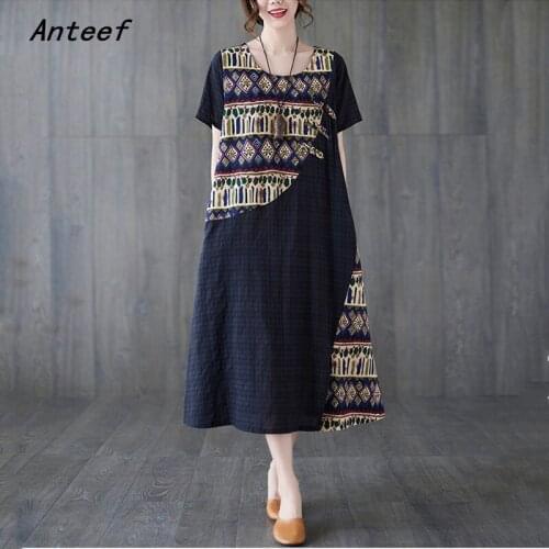 Short sleeve cotton vintage floral plaid dresses for women casual loose long woman summer dress elegant clothes 2021