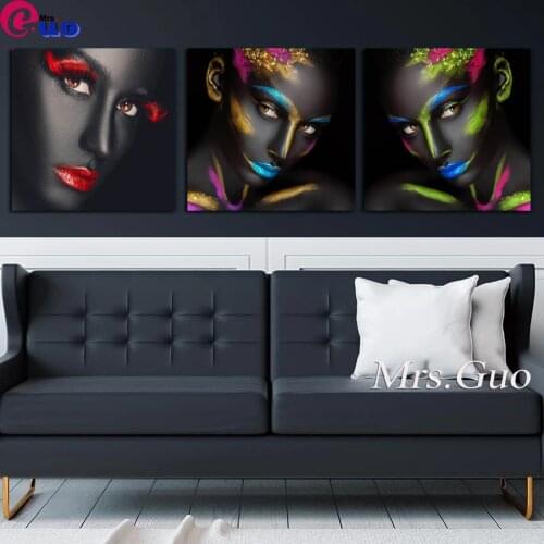 African Sexy Black Women Makeup Charming Wall Art 3 pcs Bedroom Hotel Home Decor Diamond Painting Cuadros Beauty Shop Decor