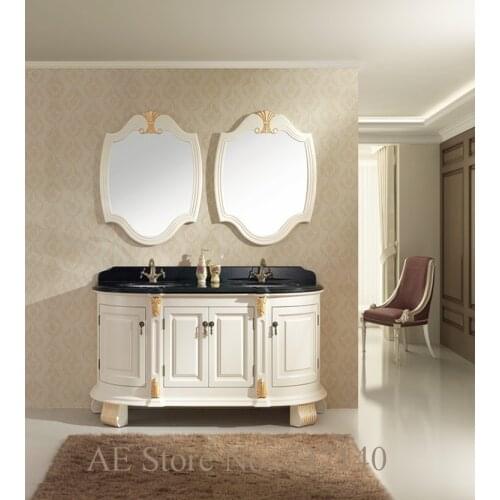 Antique white furniture solid wood bathroom cabinet double basin marble top