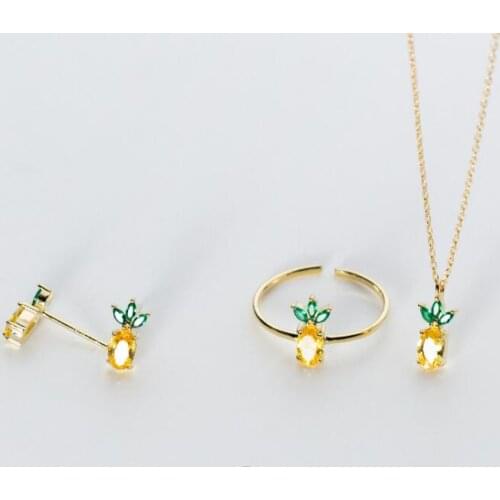 Authentic REAL. 925 Sterling Silver Golden Yellow& Green pineapple Fruit CZ Necklace pendant earrings Ring Set Jewelry GTLx1719