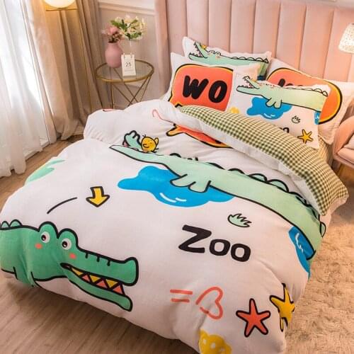 Cartoon letter big crocodile coral velvet warm and comfortable velvet home textile quilt cover four-piece set