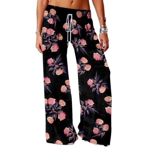 Elegant Floral Print Women Pant Spring Autumn Winter High Elastic Drawstring Wide Leg Trouser Vintage Loose Beach Long Sweatpant