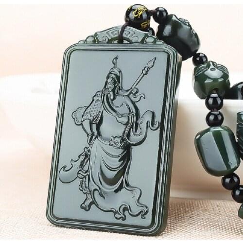 Natural Hetian Nephrite Jade Carved Guangong Guanyu With Eighteen 18 Arhats Chain Pendant Necklace For Men Women Fine Jewelry