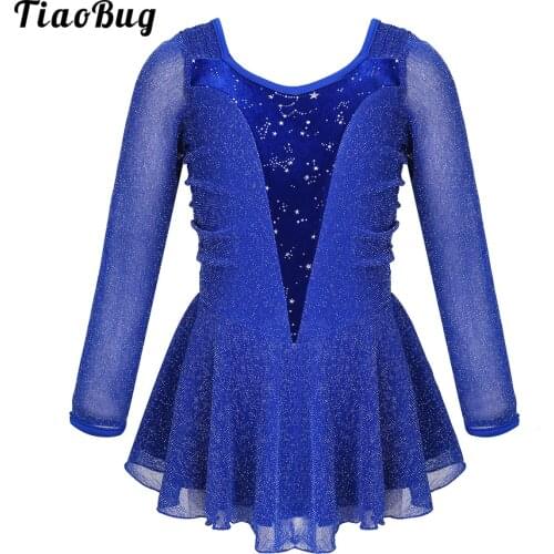 TiaoBug Kids Girls Shiny Stretchy Long Sleeves Glitters Velvet Splice Figure Ice Skating Roller Ballet Dance Leotard Dress