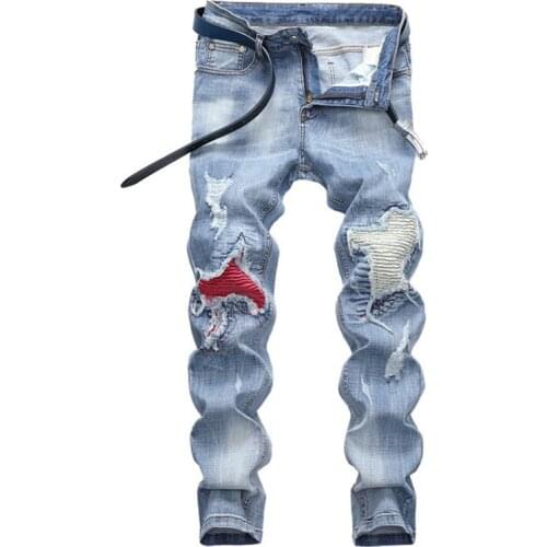 Mens Jeans Light Colored Stretch Motorcycle Pants Ripped Fashion Pleated Male Trousers Hip Hop Rock Clothing
