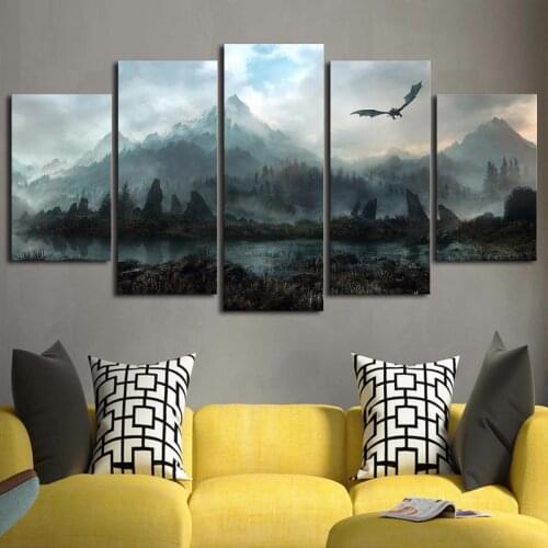 Canvas Painting 5 Pieces Wall Art Skyrim Dragon Paintings For Living Room Modular Prints Poster Home Decoration