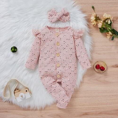 Baby Girls Floral Printed Romper Jumpsuit Headbands Autumn Winter Long Sleeve Nfant Clothing Autumn Newborn Baby Clothes
