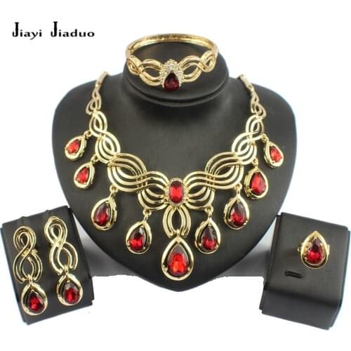 Jiayi jiaduo African bead jewelry set Gold-color necklace earrings red crystal drops female charm wedding bridal jewelry set