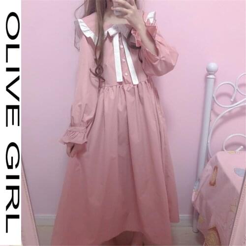 Korean Preppy Style Dress Loose Peter Pan Collar Vestidos Pink Ruffles Puff Sleeve Spring Autumn Harajuku Kawaii Sweet Clothing