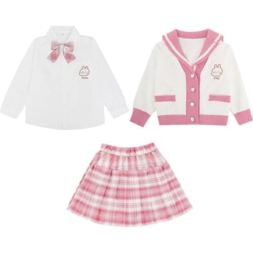 Suit for Girls Jk Uniform Plaid Pleated Skirt + Shirt + Coat 3pcs Outfit Summer Dress 2021 with Navy Collar Sweater Baby Clothes