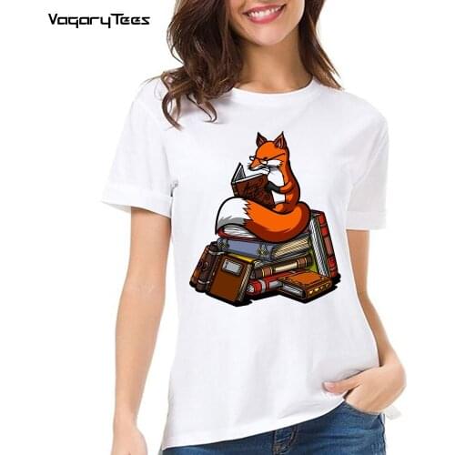 Summer Women T Shirt Cute Fox Book Reading Animal Print T-Shirt Casual Tops Cute Girl Tees Female Cartoon White Short Sleeve