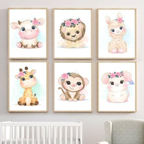 Cartoon Lion Alpaca Leopard Monkey Cow Wall Art Canvas Painting Nordic Posters And Prints Animals Wall Pictures Kids Room Decor