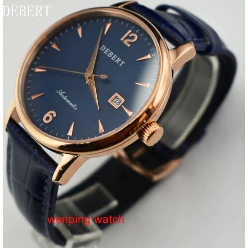 Debert 40mm Leather Sapphire Crystal date Strap Blue Dial Automatic Movement Mens Watch E2439