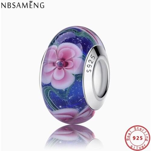 New 100% Original 100% 925 Sterling Silver Flower Murano Glass Beads Lampwork Charms Fit Bracelets Bangles DIY Jewelry