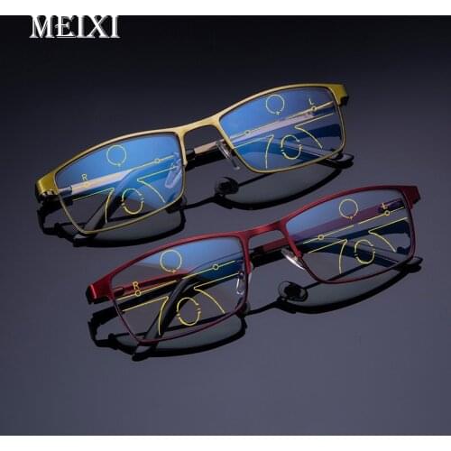 MEIXI Metal frame multi focus glasses progressive resin lens women men Anti-blue light reading glasses +1.0 1.5 2.0 2.5 3.0 3.5