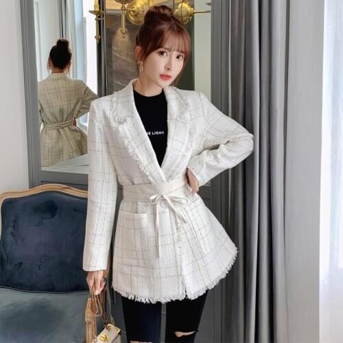 Autumn Office lady elegant Woven tweed long jacket Womens Tassel Tweed jacket coat Vintage Womens coat women Woolen coat Top