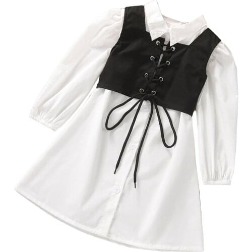 Citgeett Autumn Kids Girls Dress Solid Color Lapel Long Sleeves Shirt Dress + Cross Straps Waistcoat Set 1-6Years