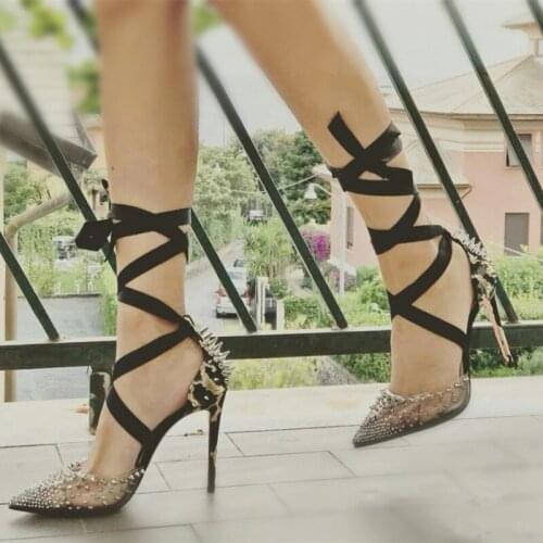 Sexy Gladiator Rivets Pumps Women Shoes 12cm High Heel Shoes Pointed Toe Fashion Women Party Wedding Shoes MD040 ROVICIYA