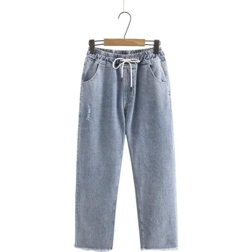 Plus Size XL-5XL Womens Straight Blue Jeans Casual Elastic Waist Solid Denim Pants With Hole