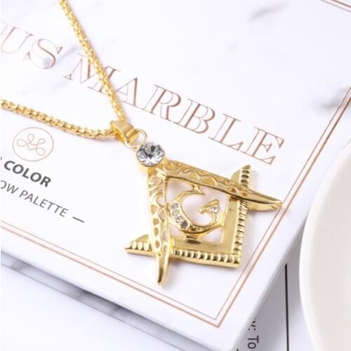 Religious Style Zircon Inlaid Masonic Logo Pendant Necklace Fashion Men Hip Hop Punk Jewelry