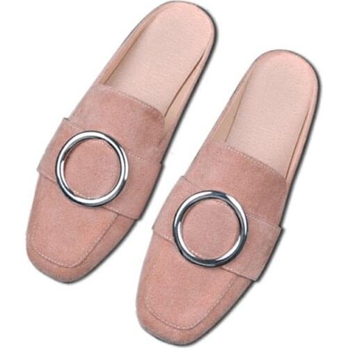 Womens Toe-covered Slippers Fashion Suede Low Heel Slides Women Mules Large Size 31-35-43 Elegant Sandals Home Shoes Flip Flops