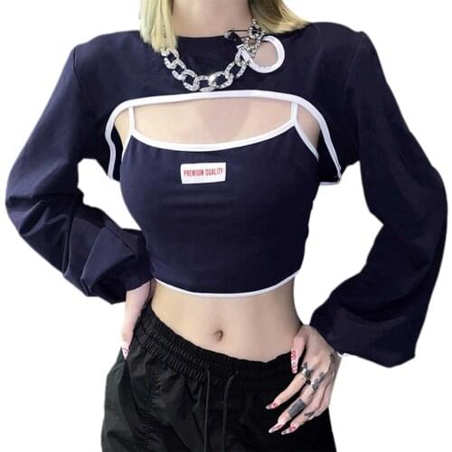 IMCUTE Two-piece Camisole Sweater Y2K Womens U-neck Sleeveless Letter Print Vest+O-neck Loose Long Sleeve Shawl Sweater Jacket