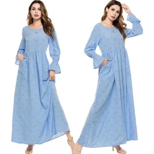 Women Long Dress Flare Sleeve Spring Fall Abaya Arab Jilbab Turkish Islamic Vestido Pockets Maxi Robe Ramadan Elegant Party New