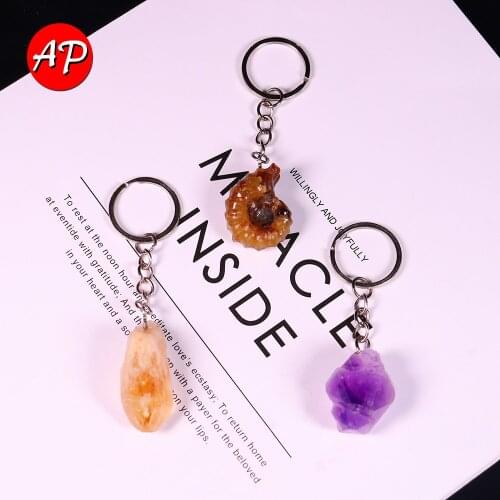 1PC Natural Crystal Stone Amethyst Tooth Flower Keychains Rough Quartz Healing Gemstone Citrine Pendant Dangle Clasps