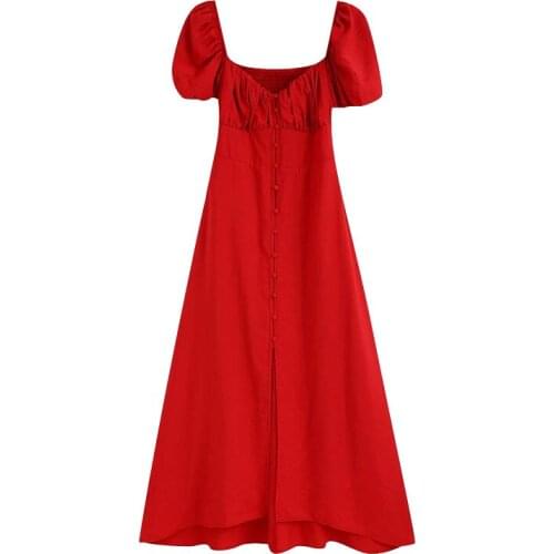 2021 Summer Women Back Elastic Sleeve Single Breasted Red Midi Dress Vintage Sleeves Vestidos Mujer Slim Vestidos Party Dress