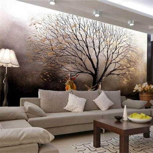 Wellyu Custom 3d wallpaper European golden tree sika deer oil painting background wall living room bedroom wall paper фотообои
