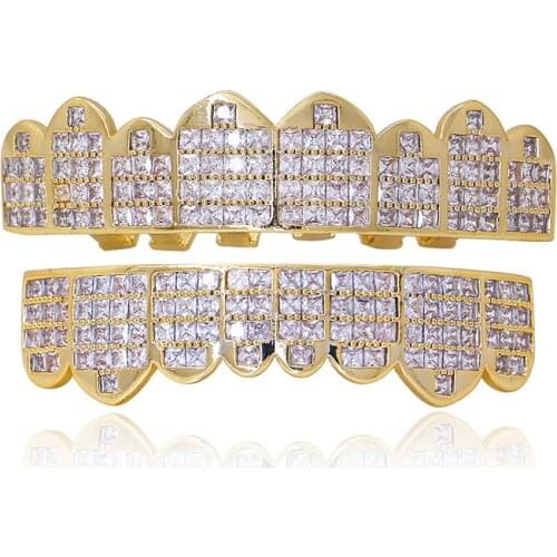 Hip Hop AAA Cubic Zirconia Pave Bling Iced Out Flat Teeth Grillzs Top Bottom Set Dental Grills Men Rapper Jewelry Gold Color
