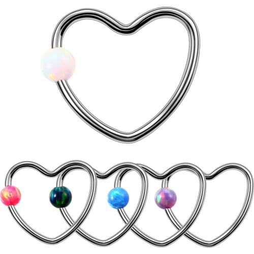 SwanJo 1Pc Stainless Steel Septum Piercing Nose Ring Opal Ball Heart Shape Lip Tragus Eyebrow Earring Nose Rings Body Jewelry