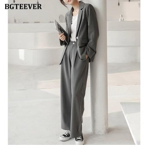 BGTEEVER Casual Women 2 Pieces Blazer Set Single Button Solid Blazer Jackets & Suit Pants Elegant Office Ladies Pant Suits 2021